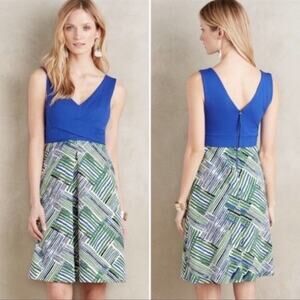 Anthropologie HD in Paris Ardmore Sleeveless Blue Green Tribal Stripe Dress Sz 2